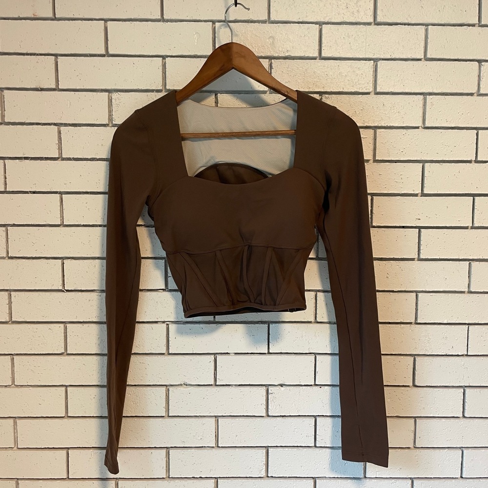 Glowmode Brown Long Sleeve Corset Crop Top Mesh Panel Square Neck Thumbholes